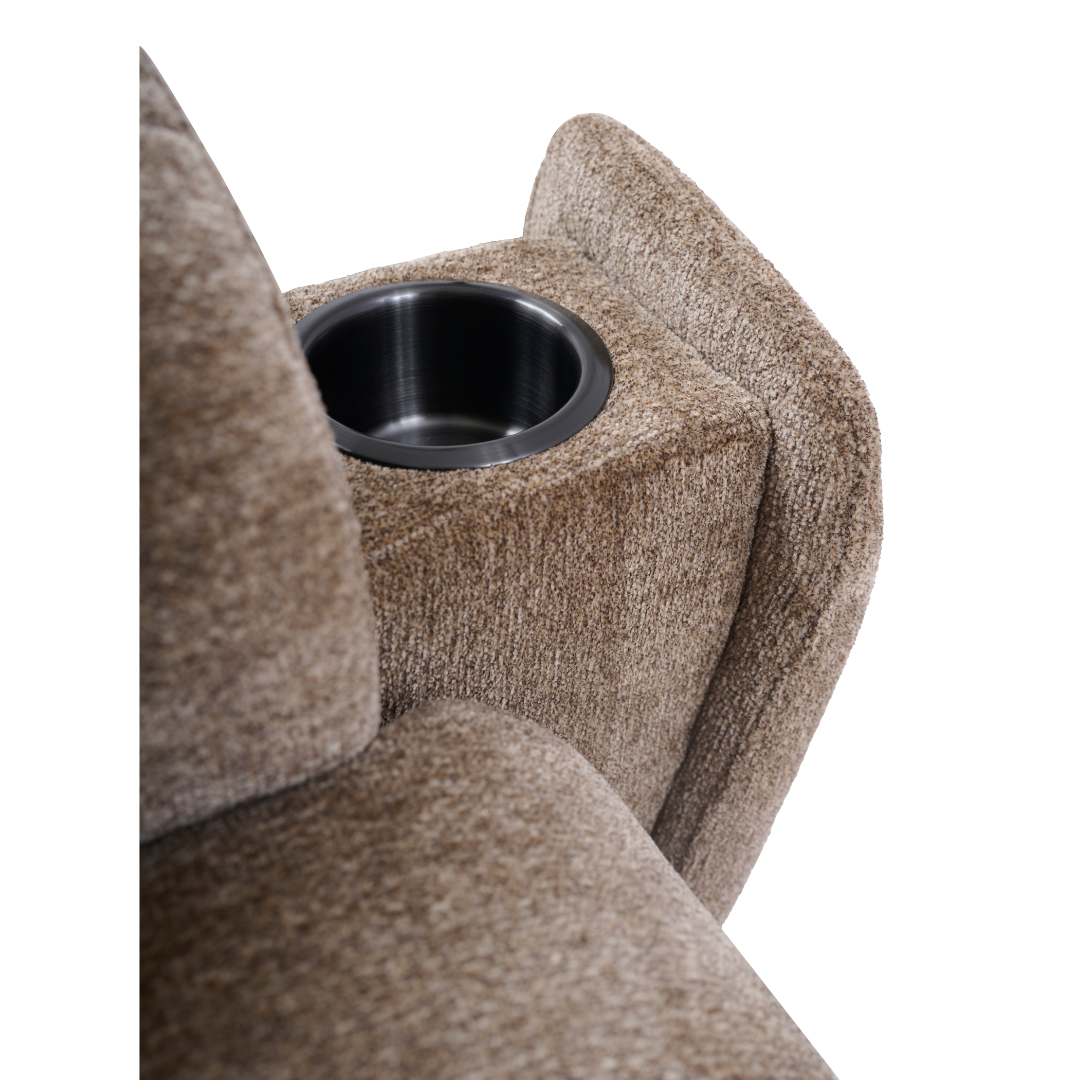 Close-up of a brown upholstered armrest with a built-in black cup holder, featured on the Golden Tech Halo Power Lift Recliner with Footrest Extension & power Headrest.