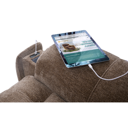 A brown Golden Tech Halo Power Lift Recliner with Footrest Extension & power Headrest features a built-in charging port, shown with a tablet on the armrest connected by a white charging cable.