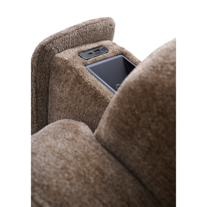 Close-up of a brown armrest on the Golden Tech Halo Power Lift Recliner with Footrest Extension & Power Headrest, featuring a built-in black cup holder and a panel with USB and electrical outlets.