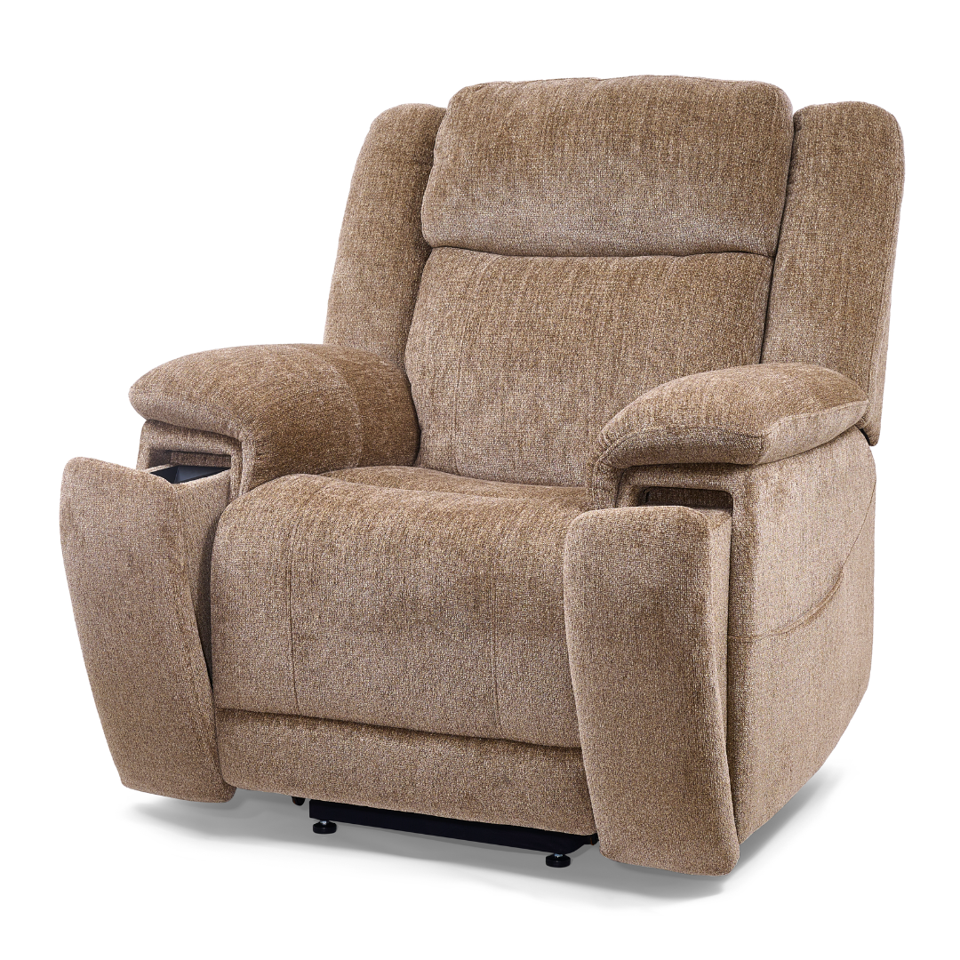 The Golden Tech Halo Power Lift Recliner with Footrest Extension & Power Headrest is a plush, tan chair with padded armrests, built-in storage in both arms, and a high backrest, positioned on a white background.