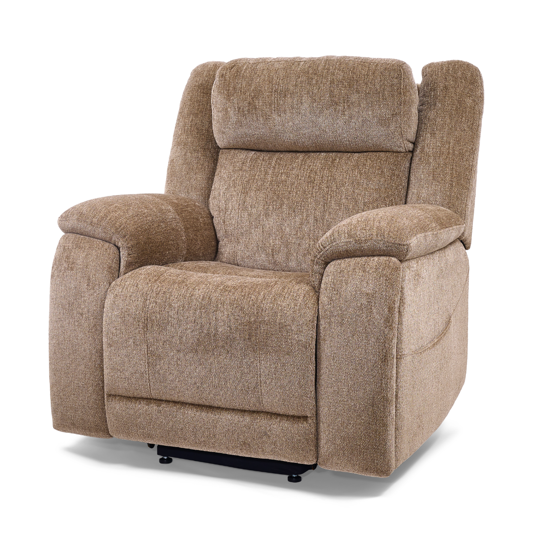 A plush light brown chair, the Golden Tech Halo Power Lift Recliner with Footrest Extension & power Headrest offers thick cushioning, comfort, and easy mobility; shown on a white background.