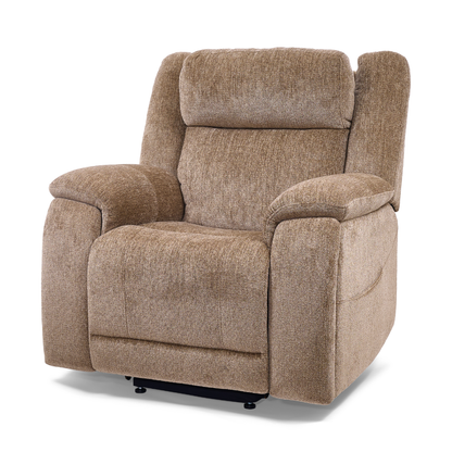 A plush light brown chair, the Golden Tech Halo Power Lift Recliner with Footrest Extension & power Headrest offers thick cushioning, comfort, and easy mobility; shown on a white background.