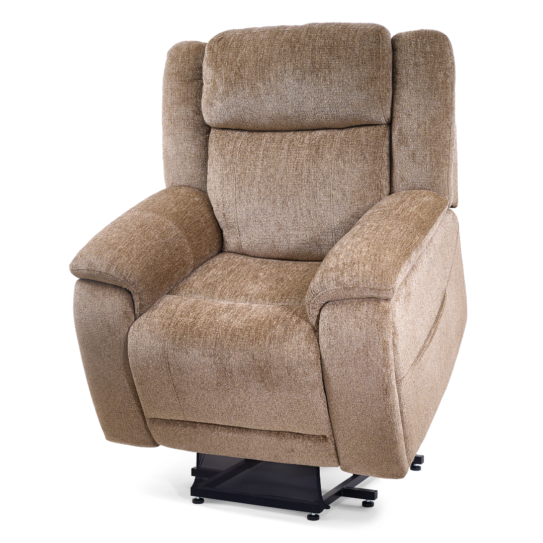 The Golden Tech Halo Power Lift Recliner with Footrest Extension & power Headrest features plush brown upholstery, wide armrests, and a black metal lift base for added elevation and comfort.