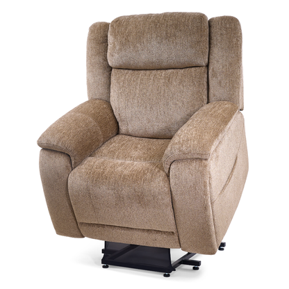 The Golden Tech Halo Power Lift Recliner with Footrest Extension & power Headrest features plush brown upholstery, wide armrests, and a black metal lift base for added elevation and comfort.