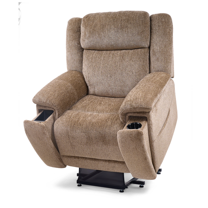 The Golden Tech Halo Power Lift Recliner with Footrest Extension & Power Headrest is a plush beige chair featuring wide armrests, cup holders, a high cushioned backrest, and sits on a swivel base against a white background.