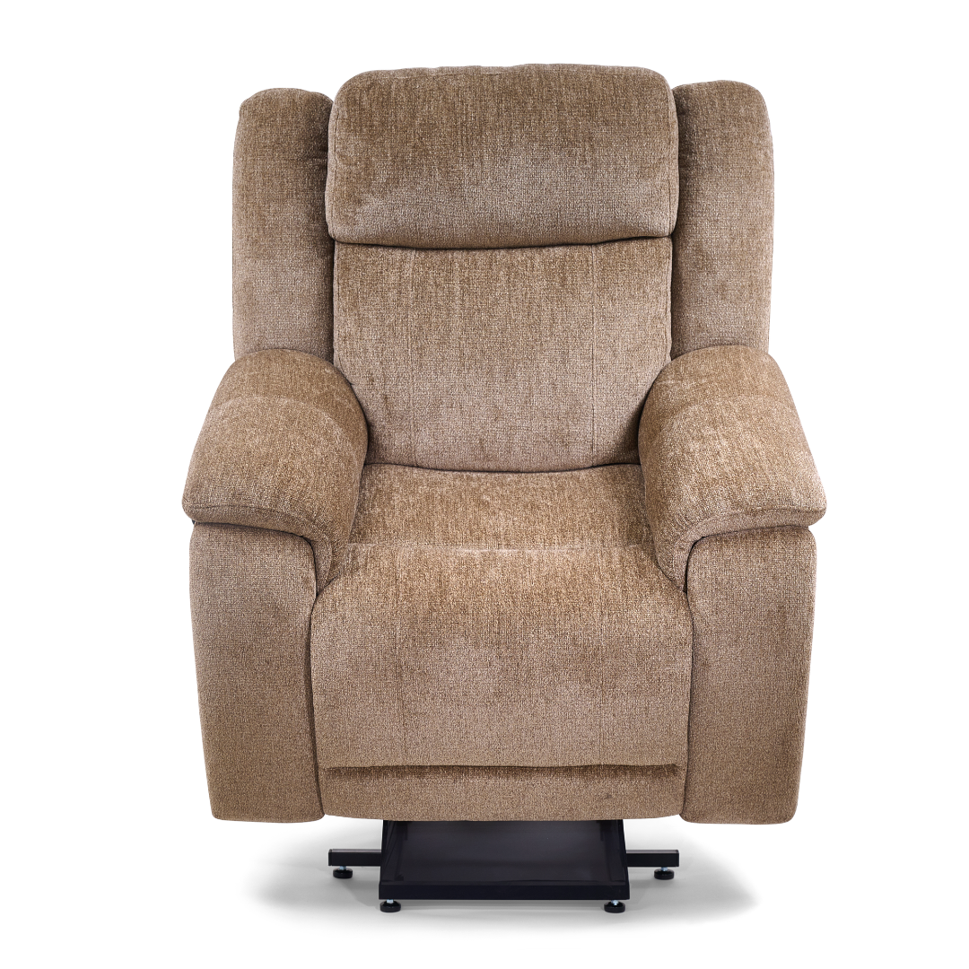 A plush, light brown Golden Tech Halo Power Lift Recliner with Footrest Extension & power Headrest, featuring padded armrests, backrest, and a sturdy black metal base. Shown from the front on a white background.