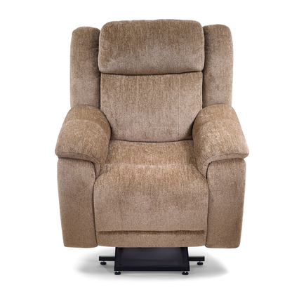 A plush, light brown Golden Tech Halo Power Lift Recliner with Footrest Extension & power Headrest, featuring padded armrests, backrest, and a sturdy black metal base. Shown from the front on a white background.