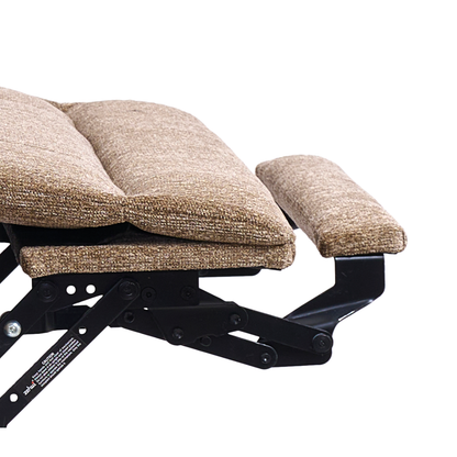 Close-up of the Golden Tech Halo Power Lift Recliner with Footrest Extension & Power Headrest in brown upholstery, highlighting its cushioned seat and extended footrest with visible metal support mechanisms underneath.