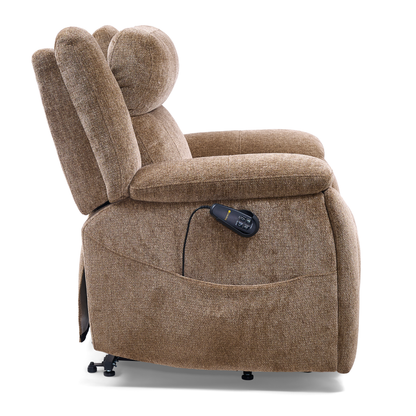 A side view shows the brown Golden Tech Halo Power Lift Recliner with Footrest Extension & Power Headrest, featuring padded armrests and backrest, and a corded remote stored in the side pocket.