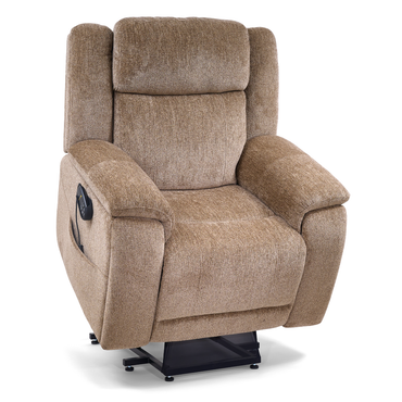The Golden Tech Halo Power Lift Recliner with Footrest Extension & power Headrest features tan upholstery, plush cushions, wide armrests, a left-side control panel, and a black base that slightly lifts for easy mobility.