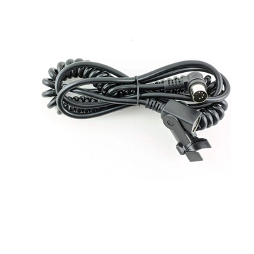 The Extension Cord For Golden Tech & Ultra Comfort Lift Chairs is a coiled black 5-pin cable with a circular connector on one end and a plastic clip on the other, ideal for compatible lift chairs, shown on a white background.