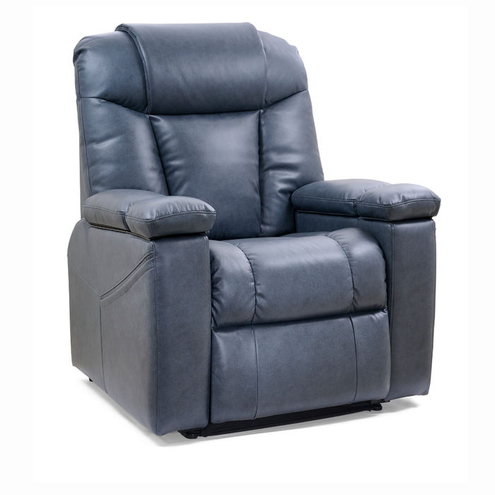 Introducing the Golden Tech Rhea PR442 MaxiComfort Recliner in dark gray with 4-Zone Comfort Zone, featuring cushioned armrests, a high backrest, a smooth leather-like texture, and a USB Charging Port. Lift assist and HeatWave tech add to its comfort. Set against an elegant white background.