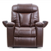 Discover the Golden Tech Rhea PR442 MaxiComfort Recliner with Lift Assist & HeatWave, a plush brown leather chair featuring padded armrests, headrest, 4-Zone Comfort Zone, slightly angled backrest, and a built-in USB Charging Port for modern luxury and convenient relaxation.