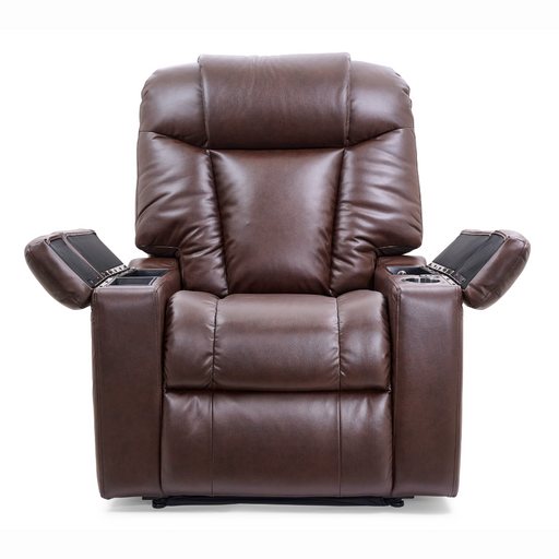 The Golden Tech Rhea PR442 MaxiComfort Recliner with Lift Assist & HeatWave is a brown plush chair featuring a 4-Zone Comfort Zone, padded armrests, cup holders, and USB charging port, set against a plain white background.