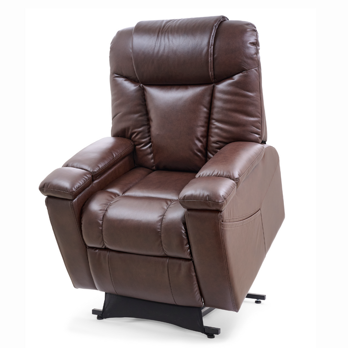 The Golden Tech Rhea PR442 MaxiComfort Recliner with Lift Assist & HeatWave is a brown leather chair with plush padding, armrests at a slight angle, a high backrest, padded seating, visible reclining mechanism, 4-Zone Comfort Zone, and a USB Charging Port for ultimate relaxation.