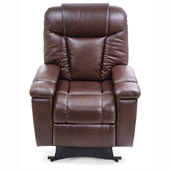 The Golden Tech Rhea PR442 MaxiComfort Recliner with Lift Assist & HeatWave features plush cushioning, a high backrest, and luxurious brown leather. Enhanced by visible stitching and a dark base, it offers modern convenience with a built-in USB charging port for your gadgets.