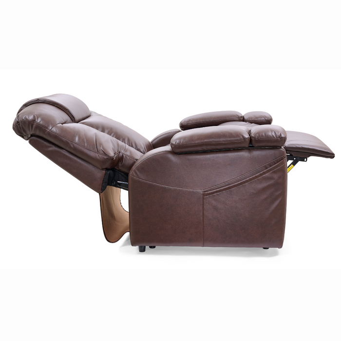 The Golden Tech Rhea PR442 MaxiComfort Recliner with Lift Assist & HeatWave in brown leather provides exceptional comfort with a fully reclined position, extended footrest, and padded armrests. It features a sleek design with cushioned sections and includes a built-in USB Charging Port for added convenience.