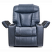 Introducing the Golden Tech Rhea PR442 MaxiComfort Recliner with Lift Assist & HeatWave: a large recliner in blue leather featuring 4-Zone Comfort technology, padded armrests, USB port, two cup holders, and hidden compartments for ultimate comfort and convenience.