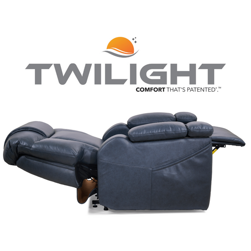 Reclining blue armchair fully extended, showcasing comfort, with text reading TWILIGHT Comfort Thats Patented. Experience ultimate relaxation with the Golden Tech Rhea PR447 Recliners Swedish Air Massage and Lift Assist.