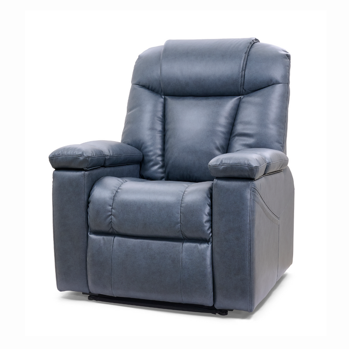 The Golden Tech Rhea PR442 MaxiComfort Recliner with Lift Assist & HeatWave is a plush gray chair with cushioned backrest and armrests. It has a leather-like finish, visible stitching, 4-Zone Comfort Zone support, and a built-in USB port for modern convenience.