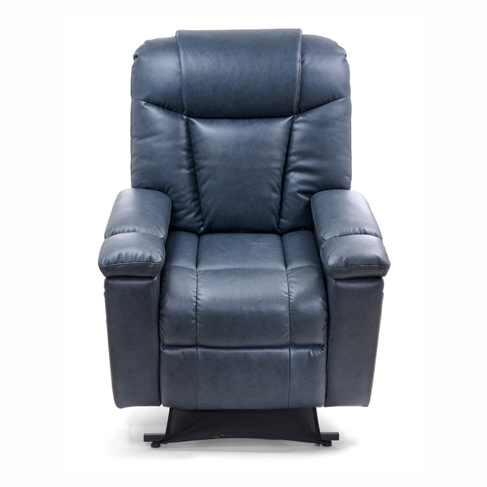 The Golden Tech Rhea PR442 MaxiComfort Recliner with Lift Assist & HeatWave is a plush, dark blue chair featuring padded armrests, a cushioned backrest, USB port, and 4-Zone Comfort Zone technology for enhanced relaxation.