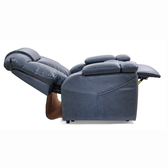 Side view of the Golden Tech Rhea PR442 MaxiComfort Recliner with Lift Assist & HeatWave fully reclined, showcasing 4-Zone Comfort Zone technology. The blue chair features padded armrests, a cushioned back, a footrest upholstered in smooth fabric, and a USB charging port against a white background.