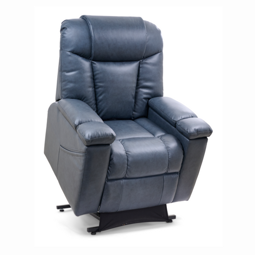 The Golden Tech Rhea PR442 MaxiComfort Recliner with Lift Assist & HeatWave, in blue leather, offers a cushioned backrest and thick padded armrests. Its smooth finish, slightly reclining position, sturdy base, and integrated USB port ensure ultimate comfort and modern convenience.