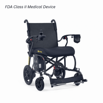 The Golden Cricket™ LT Carbon Portable Lightweight Powerchair—only 25 lbs—is a black motorized wheelchair with armrest joystick, cup holder, cushioned seat, and large rear wheels. Text above reads “FDA Class II Medical Device.”.