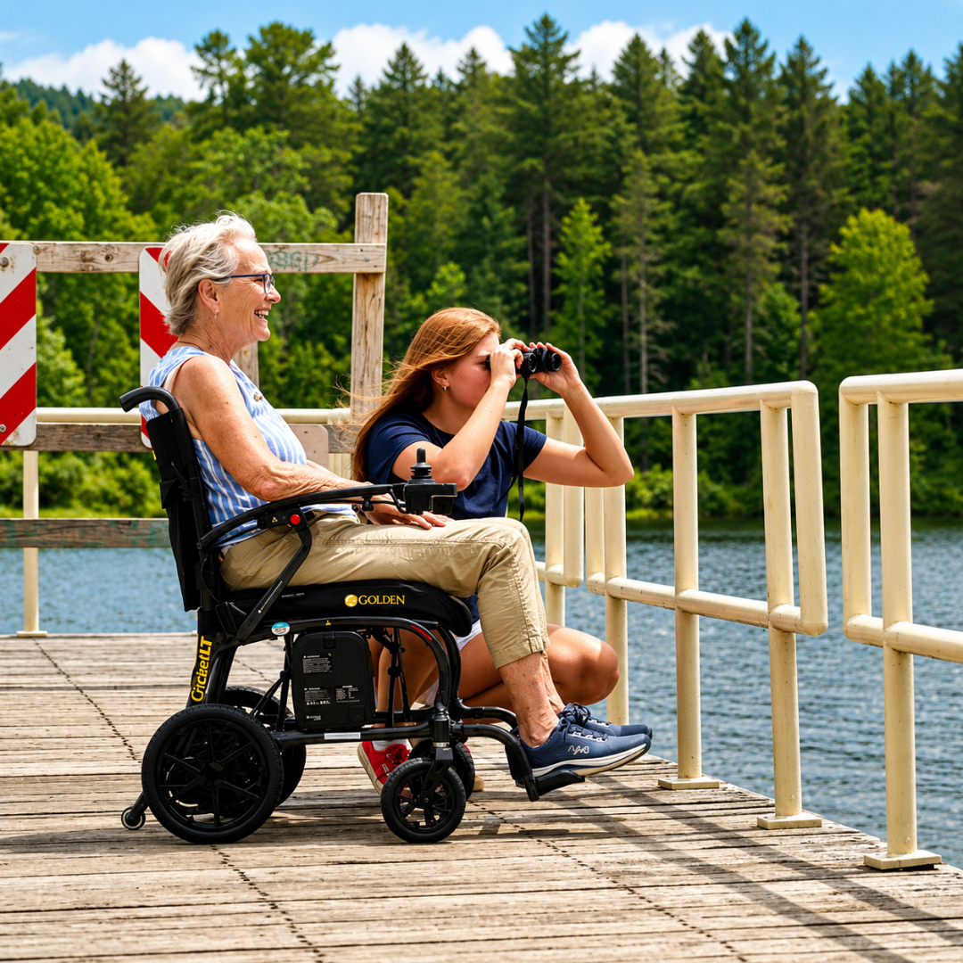 An older woman uses the Golden Cricket™ LT Carbon Portable Lightweight Powerchair (only 25 lbs) on a wooden dock, while a younger woman kneels beside her with binoculars. Together, they enjoy scenic lake views and freedom under the blue sky.