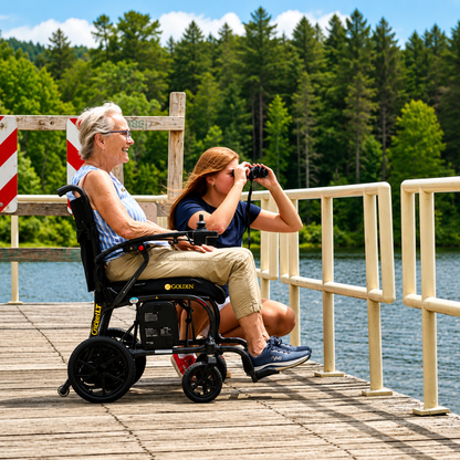 An older woman uses the Golden Cricket™ LT Carbon Portable Lightweight Powerchair (only 25 lbs) on a wooden dock, while a younger woman kneels beside her with binoculars. Together, they enjoy scenic lake views and freedom under the blue sky.