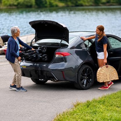By a lakeside car, one woman loads a folded Golden Cricket™ LT Carbon Portable Lightweight Powerchair—just 25 lbs—into the trunk while another, holding a wicker basket, leans on the car and smiles, both enjoying true freedom together.