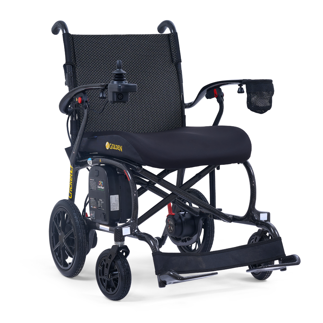 The Golden Cricket™ LT Carbon Portable Lightweight Powerchair (25 lbs) features a mesh backrest, cushioned seat, right-arm joystick control, small front and large rear wheels, plus a convenient cup holder on one armrest.