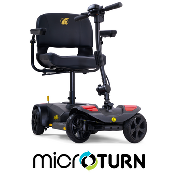 The Golden Tech GB108 Buzzaround LT 4-Wheel Mobility Scooter, shown above microTURN in bold modern font, is a compact black scooter with a lightweight stadium seat, padded armrests, and a 300 lb weight capacity.