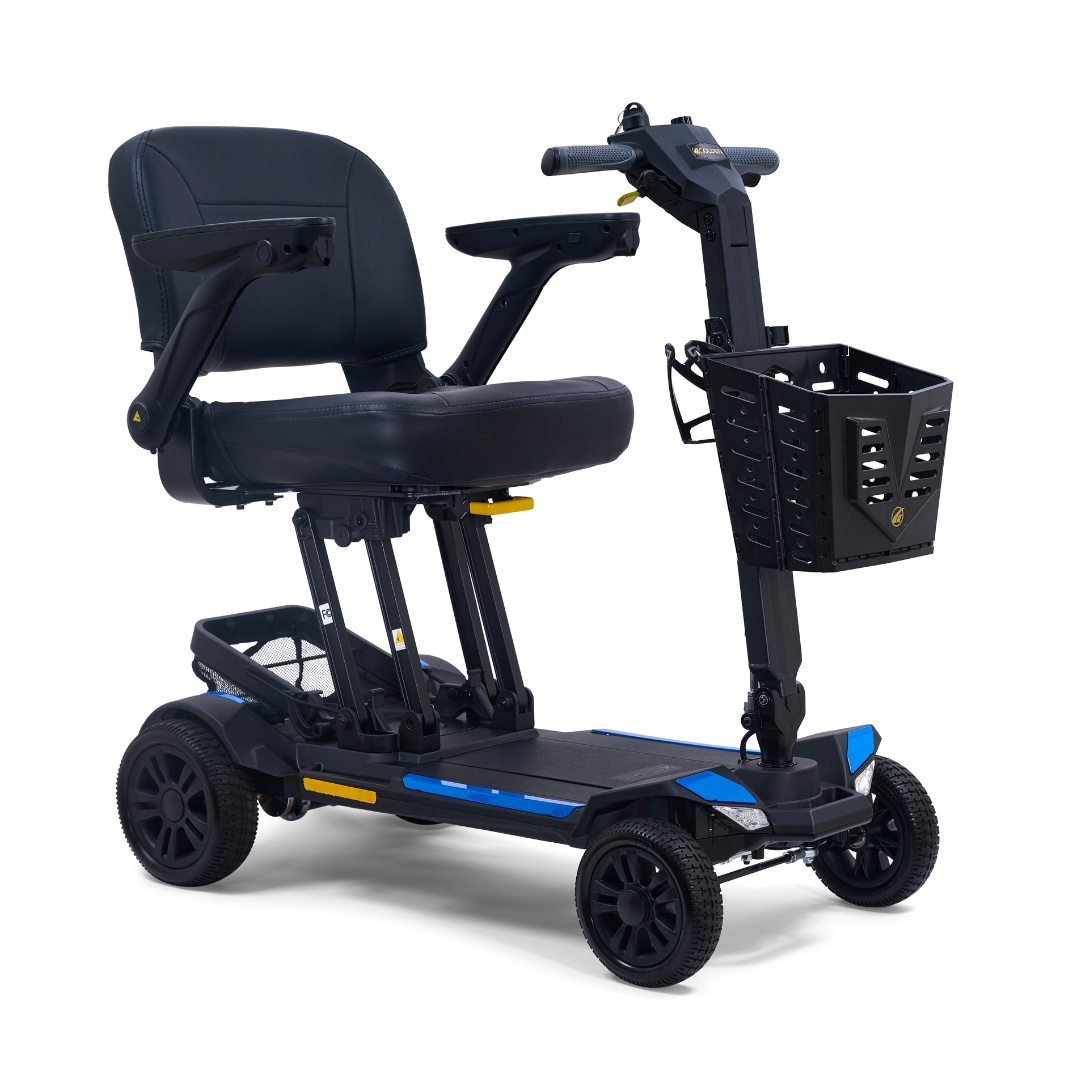 The Golden Buzzaround GB220 CarryOn HD Travel Scooter with FREE Extra Battery is a black and blue, lightweight 4-wheel mobility scooter featuring a padded seat with armrests, front basket, and handlebar—ideal for easy transport and travel.