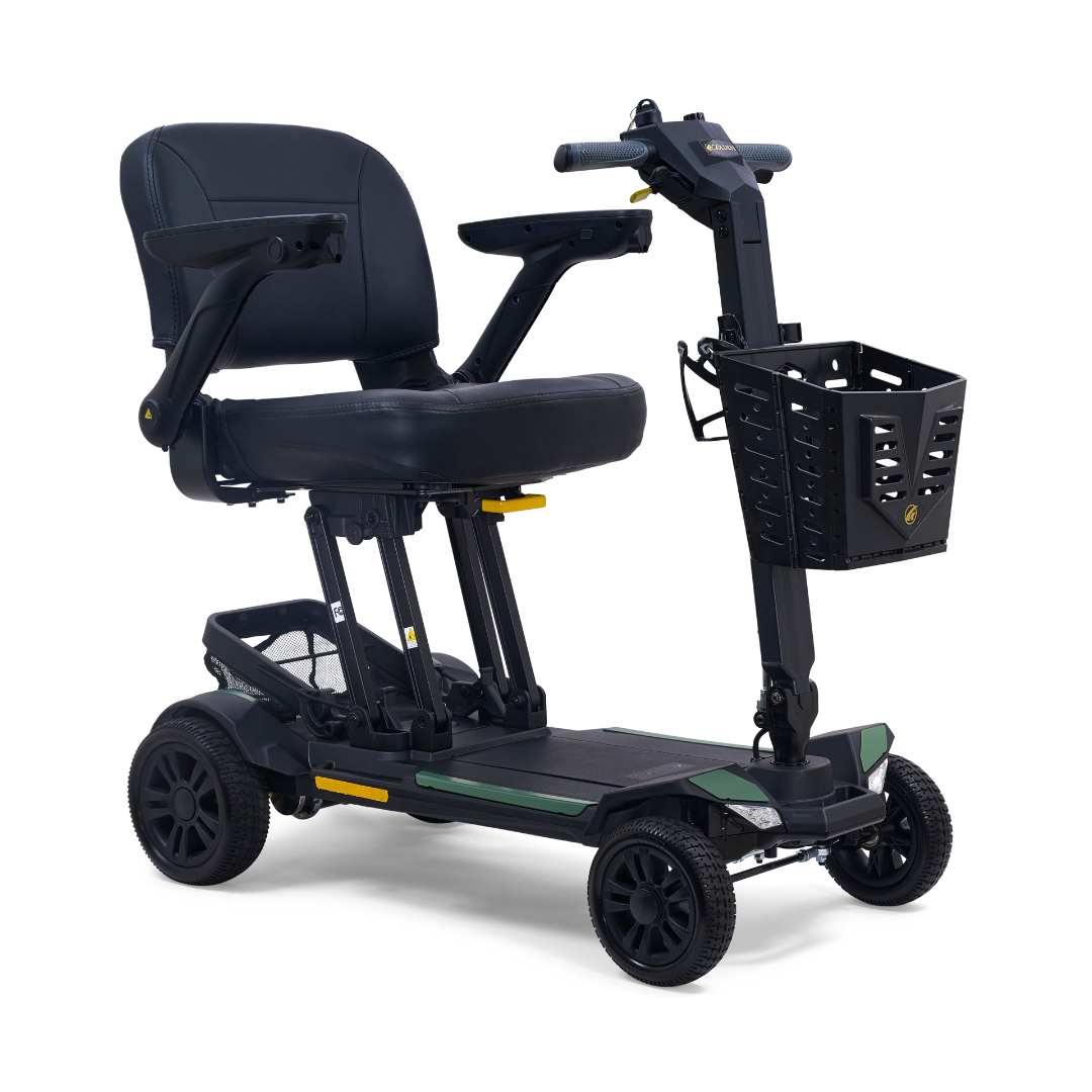 The Golden Buzzaround GB220 CarryOn HD Travel Scooter features a black design with four wheels, padded seat, armrests, front basket, supports up to 400 lbs, and includes a free extra battery—ideal for personal transportation and accessibility.