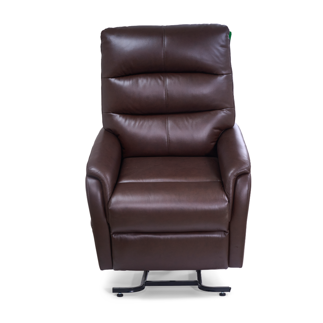 The Golden DeLuna Elara PR118 Recliner with Lift Assist is a brown leather chair with padded backrest, seat, and armrests, featuring an adjustable headrest and shown upright on a white background.