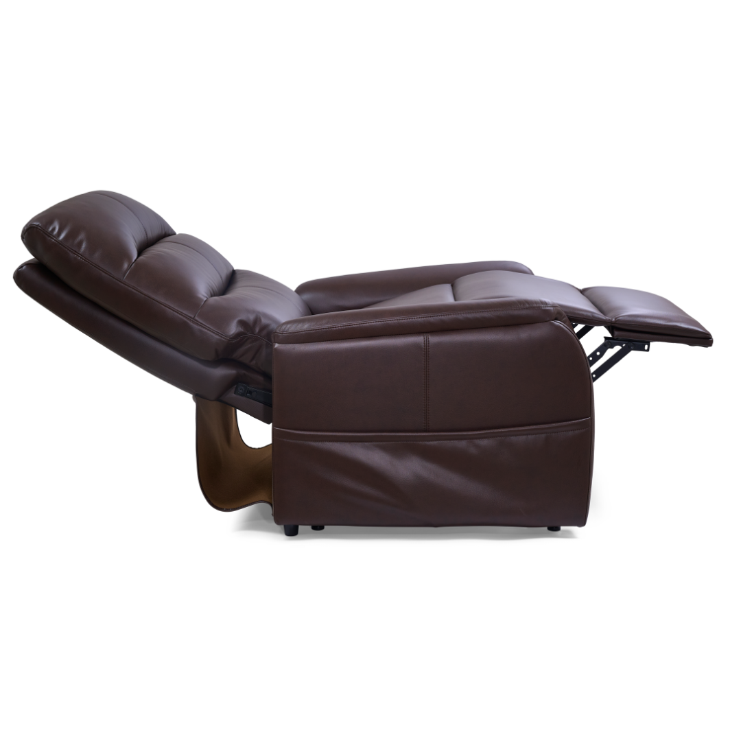 The Golden DeLuna Elara PR118 Recliner with Lift Assist, in brown leather, is shown fully extended with the footrest raised and backrest tilted backward, photographed from the side against a white background.
