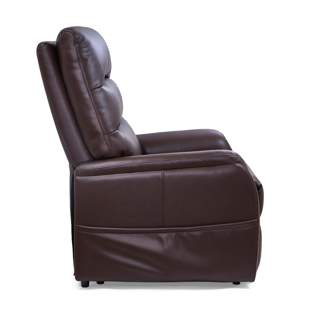 Side view of the Golden DeLuna Elara PR118 Recliner with Lift Assist in brown leather, featuring a cushioned back, seat, adjustable headrest, and power lift function, isolated on a white background.
