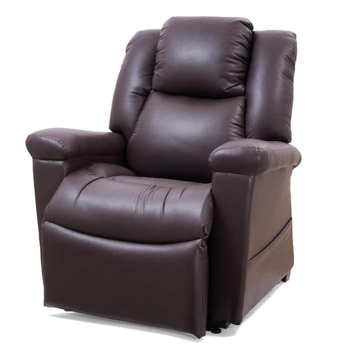 The Golden Tech PR632 MaxiComfort DayDreamer Reclining Lift Chair features a plush, dark brown leather finish with PowerPillow™, overstuffed cushions, and padded armrests, all set against a plain white background.