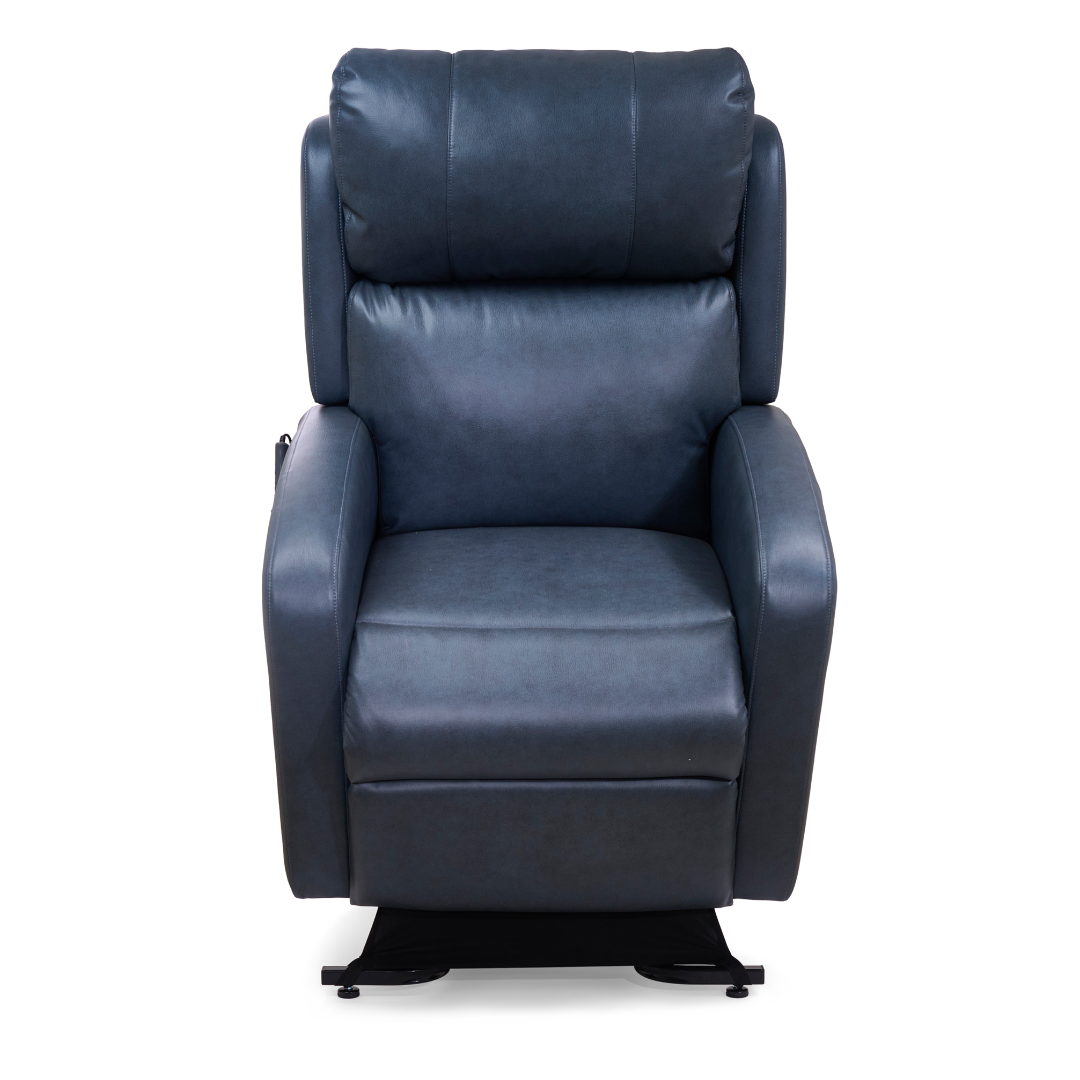 A Golden PR750 EZ Sleeper Slim Recliner with Lift Assist in dark blue leather, featuring padded armrests and backrest, shown from the front against a white background.