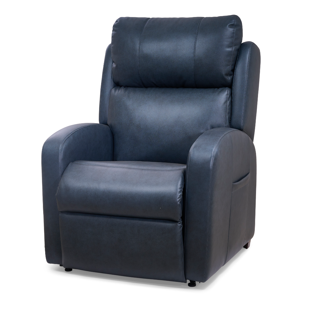 The Golden PR750 EZ Sleeper Slim Recliner with Lift Assist is a dark gray, modern chair featuring padded armrests, a cushioned backrest, a smooth leather-like finish, and MaxiComfort 4-Zone Comfort Zone technology on a white background.