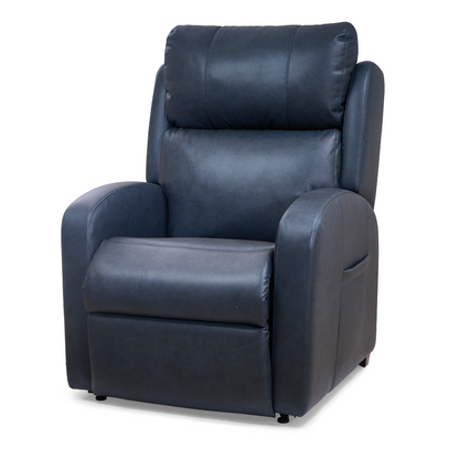 The Golden PR750 EZ Sleeper Slim Recliner with Lift Assist is a dark gray, modern chair featuring padded armrests, a cushioned backrest, a smooth leather-like finish, and MaxiComfort 4-Zone Comfort Zone technology on a white background.