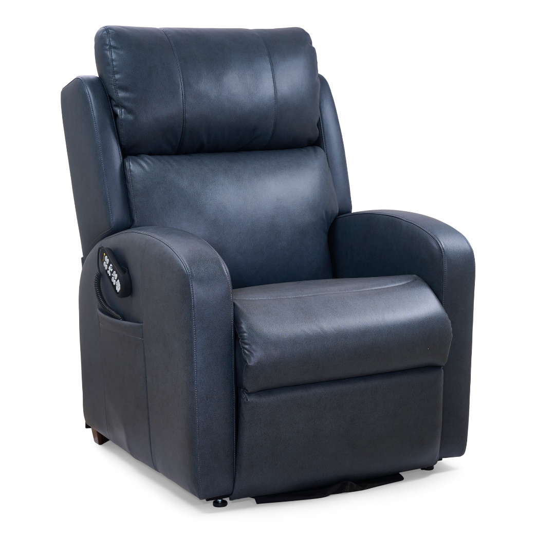 The Golden PR750 EZ Sleeper Slim Recliner with Lift Assist is a dark blue leather armchair featuring padded armrests, a cushioned backrest, and control buttons on the left for adjustable recline and personalized comfort.