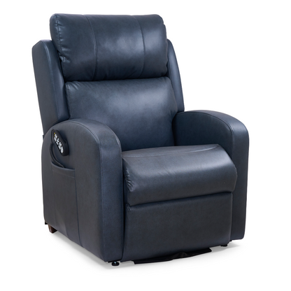 The Golden PR750 EZ Sleeper Slim Recliner with Lift Assist is a dark blue leather armchair featuring padded armrests, a cushioned backrest, and control buttons on the left for adjustable recline and personalized comfort.