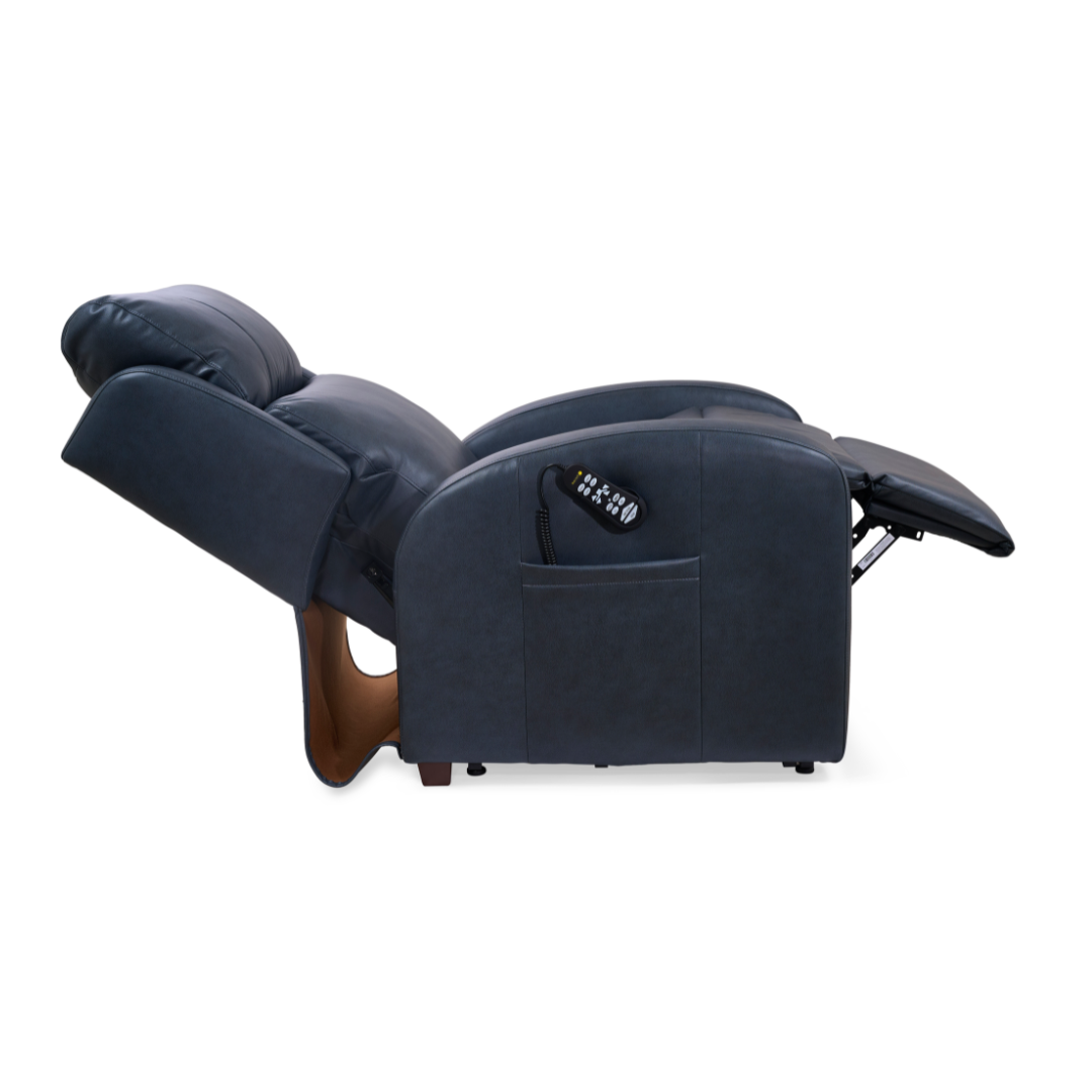The Golden PR750 EZ Sleeper Slim Recliner with Lift Assist is shown fully reclined, displaying 4-Zone Comfort Zone support. The remote rests in a side pocket, and the chair features padded armrests plus an extended footrest for extra comfort.