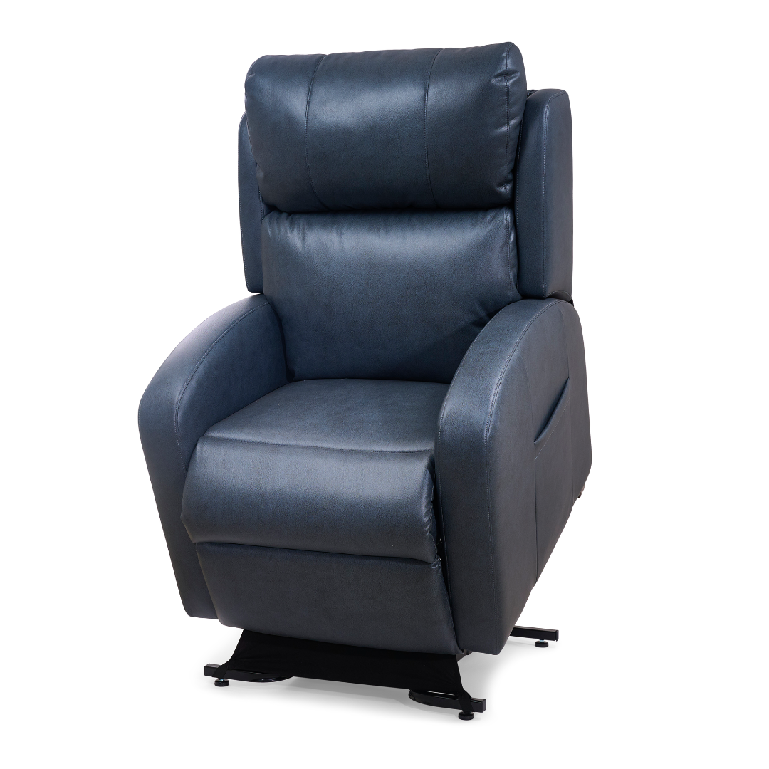 The Golden PR750 EZ Sleeper Slim Recliner with Lift Assist in blue features MaxiComfort and a 4-Zone Comfort Zone for customizable relaxation.