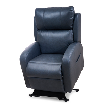 The Golden PR750 EZ Sleeper Slim Recliner with Lift Assist in blue features MaxiComfort and a 4-Zone Comfort Zone for customizable relaxation.