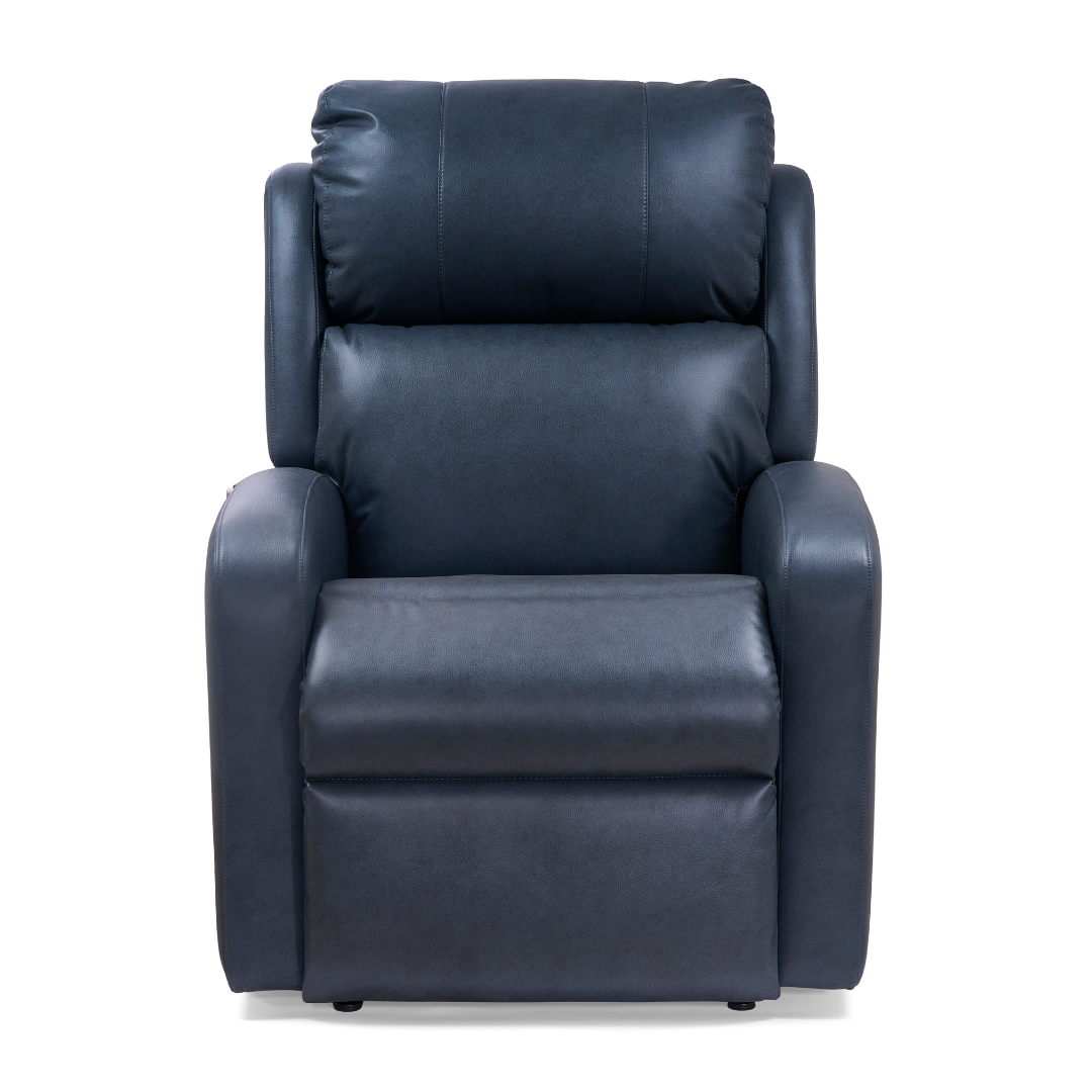 A front view of the Golden PR750 EZ Sleeper Slim Recliner with Lift Assist in dark blue, featuring padded armrests, a cushioned backrest and seat, and 4-Zone Comfort Zone support, shown against a plain white background.