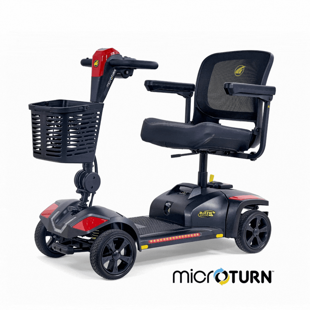 A black and red Golden Tech Buzzaround GB152 XL+ 4-Wheel Mobility Scooter with a front basket, padded seat, and armrests is shown. The word "microTURN" appears at the bottom right of the image.