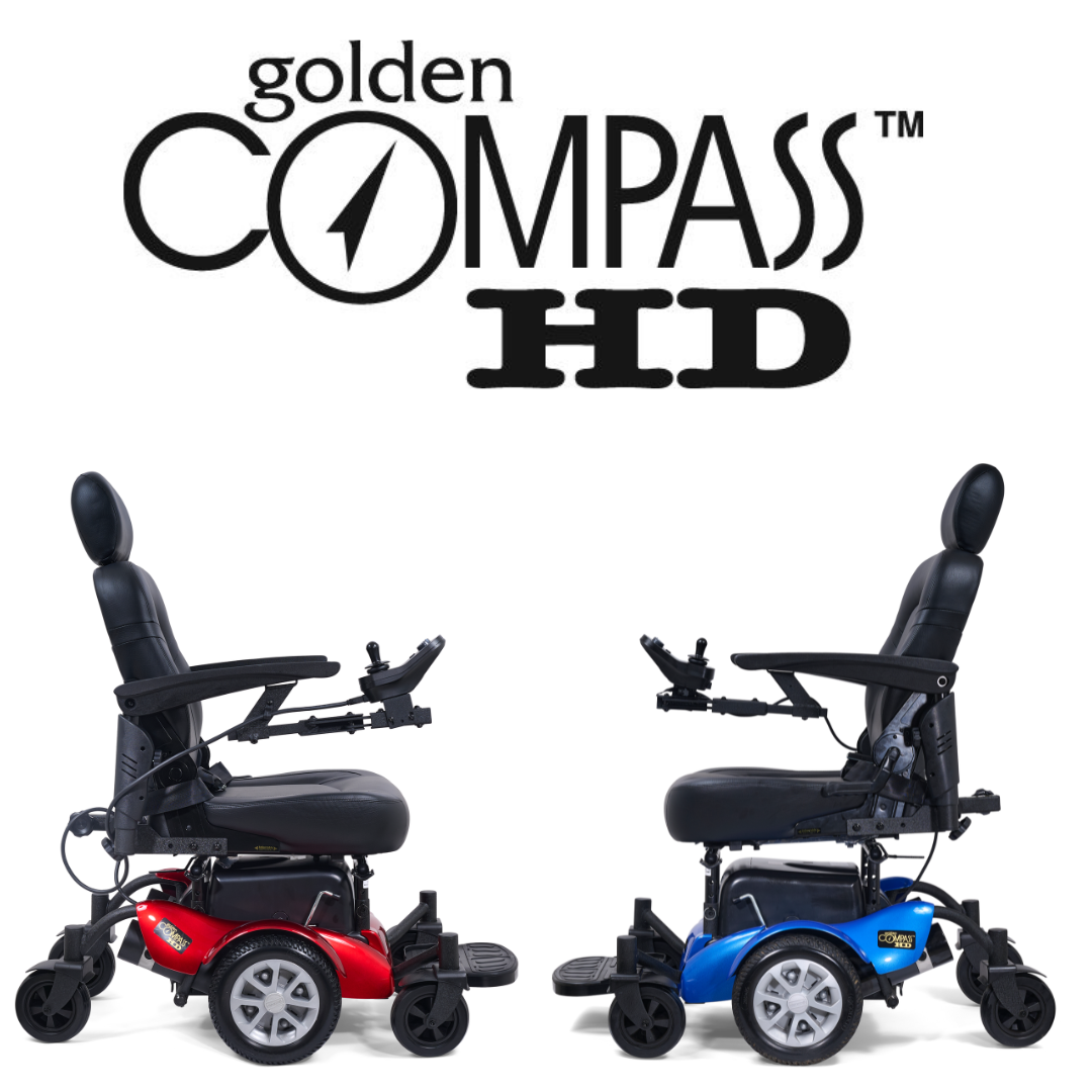 Two power wheelchairs, one red and one blue, are side by side facing each other. Above them is the Golden Compass HD logo in black, showcasing the quality of the Golden Tech GP620 Compass HD Bariatric Electric Wheelchair.